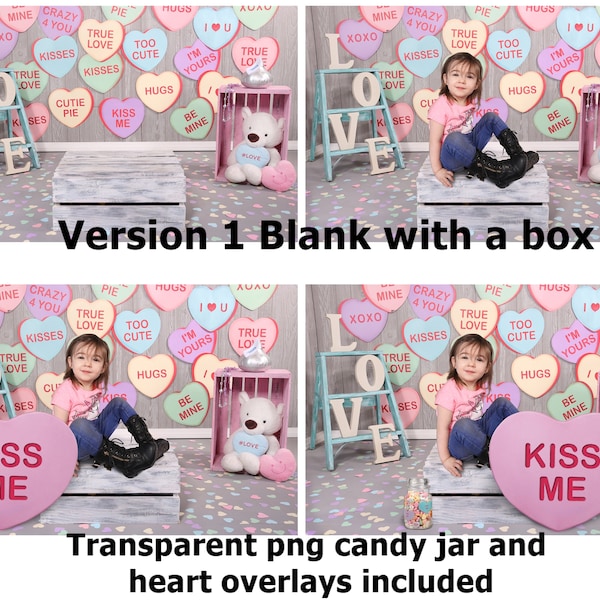 PRICE DROP Conversation heart candy Valentine's, 5 backdrops and 5 easy png overlays, boys & girls digital photo props for photography