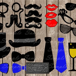May include: A set of 14 black and blue photo booth props, including a top hat, bow ties, mustaches, glasses, lips, and ties. The props are printed on a white background and are ready to be cut out and used.