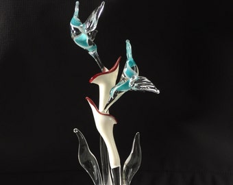 Hummingbirds & Lillies Handblown Glass Sculpture