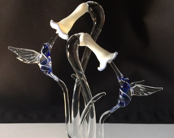 Double Hummingbird Handblown Glass Sculpture