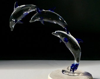 Triple Dolphin Handblown Glass Sculpture