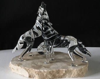 Howling Wolves Handblown Glass Sculpture