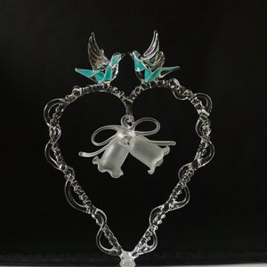 Doves on Hanging Bells Cake Top Handblown Glass Sculpture