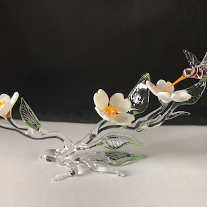 Dogwood Flowers with Hummingbird Handblown Glass Sculpture