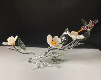 Dogwood Flowers with Hummingbird Handblown Glass Sculpture