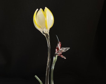 Tulip & Hummingbird Handblown Glass Sculpture