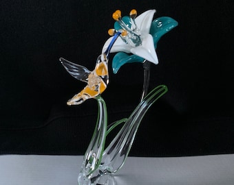 Hummingbird & Lily Flower Handblown Glass Sculpture
