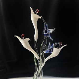 Calla Lily with Double Hummingbirds Handblown Glass Sculpture