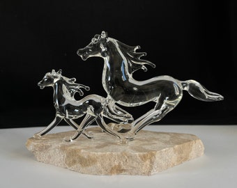Running Horse & Baby Handblown Glass Sculpture