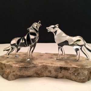 Double Wolves Handblown Glass Sculpture