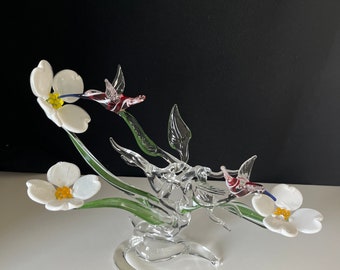 Large Dogwood with Hummingbirds Handblown Glass Sculpture