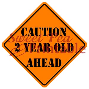 May include: Orange construction sign with black border and text that reads "CAUTION 2 YEAR OLD AHEAD".