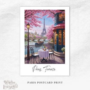 Travel postcard Paris France with Eiffel Tower & Cafe Art, Vintage European Souvenir Print, Romantic Paris Decor Gift