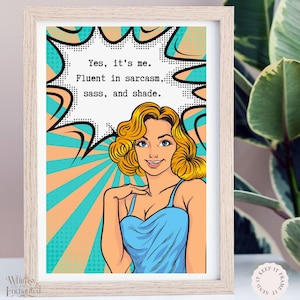 Impresión de postal de arte pop con cita atrevida, fluidez en sarcasmo, tarjeta de cumpleaños divertida para niña, tarjeta divertida para ella, impresión de regalo sarcástico, arte de burbujas de diálogo