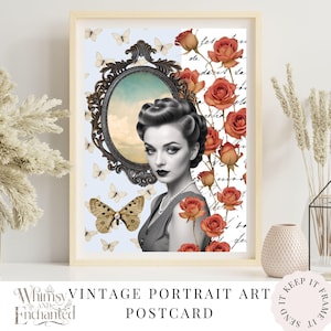 Vintage inspired art postcard print, Vintage Greeting Card, Woman Art Print, Gift for Her. Bookish gift, Vintage Birthday Card for Her