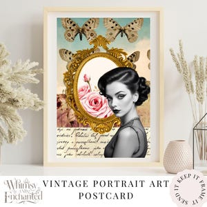 Vintage inspired art postcard print, Vintage Greeting Card, Woman Art Print, Gift for Her. Bookish gift, Vintage Birthday Card for Her
