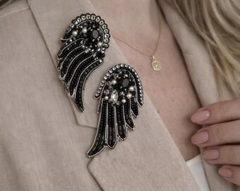Hand Embroidered Angel Wings Brooch Pair With Czech Crystals, Hematite and Sequins