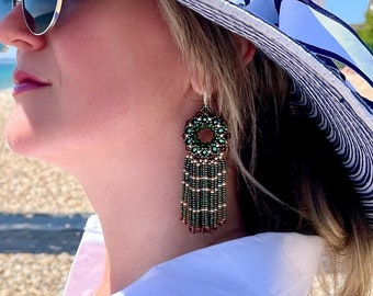 Green Purple Crystal Earrings With Seed Bead Fringe, Czech Pearls, Meaningful Gift
