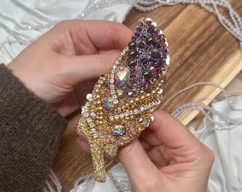 Hand Embroidered Feather Brooch With Czech Crystals, Pearls and Freshwater Pearls