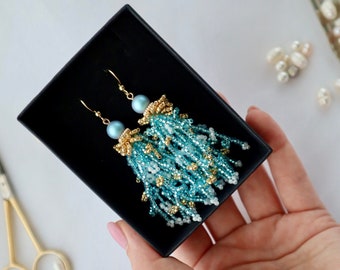 Charming Blue and Gold Seed Bead Earrings with Zircon Stone