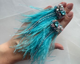 Feather Earrings Blue & Pink Embroidered Earrings