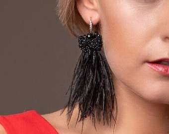 Feather Earrings, Embroidered Feather Earrings, Black Earrings, Black Feather Earrings, Gift, Crystal Earrings, Statement Earrings