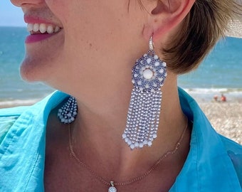 Sahasrara Purple Chakra Shell Pearl Fringe Earrings for supporting connection with universe
