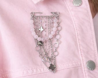 Silver Chain Brooch with Rose Quartz, Handmade Statement Pin, Layered Jewelry, Boho Chic Brooch, Gift for Her