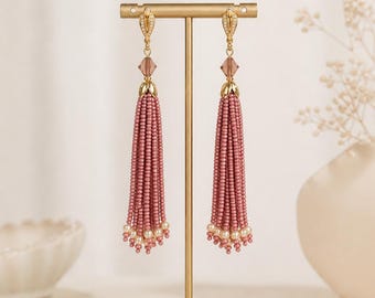 Earrings, Handmade Statement Earrings, Pearl Fringe Earrings, Gold Dangle Earrings, Gift for Her