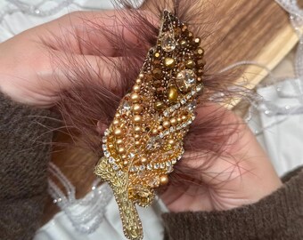 Hand Embroidered Feather Brooch With Czech Crystals, Pearls and Freshwater Pearls