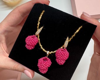Raspberry Jewelry Set, Gold Plated Necklace & Earrings, Beaded Berry Jewelry, Garnet Charm, Handmade Gift for Her