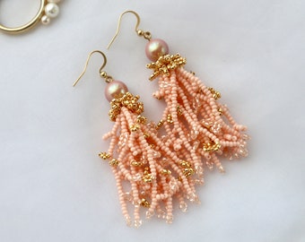 Elegant Peach and Gold Seed Bead Earrings | 24K Gold Plated Spacer