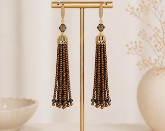 Bronze Tassel Earrings, Long Beaded Earrings, Handmade Statement Earrings, Gold Dangle Earrings, Boho Fringe Earrings, Gift for Her