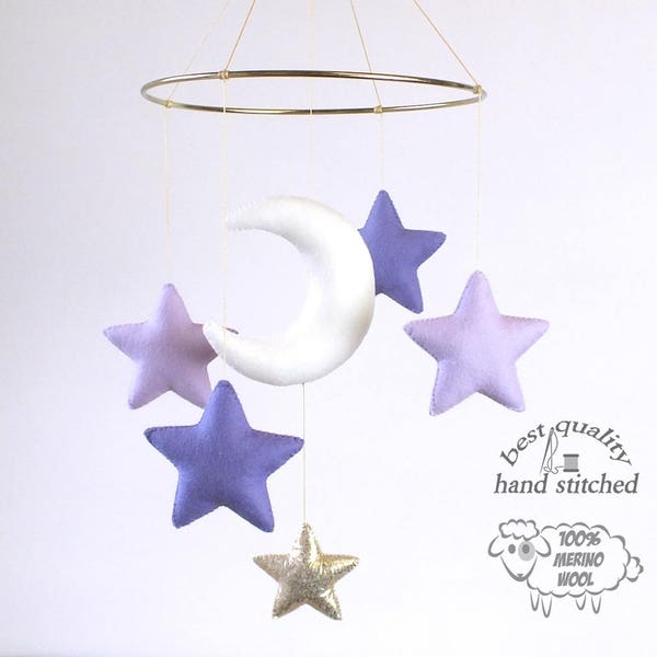 Baby Mobile, White Purple Lavender Gold Baby Mobile, Baby Crib Mobile, Stars Baby Mobile,  Nursery Decor, Gift Packaging