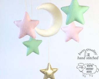 Baby Mobile, White Baby Pink Mint Gold Baby Mobile, Baby Crib Mobile, Stars Baby Mobile,  Nursery Decor, Gift Packaging