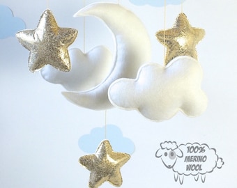 Baby Mobile, White Gold Baby Mobile, Baby Crib Mobile, Stars Baby Mobile,  Nursery Decor, Gift Packaging