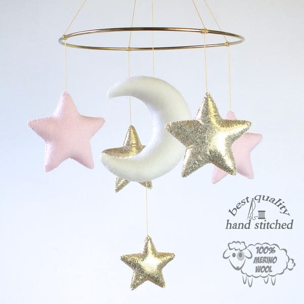 Baby Mobile, White Baby Pink Gold Baby Mobile, Baby Crib Mobile, Stars Baby Mobile,  Nursery Decor, Gift Packaging