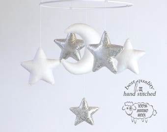 Baby Mobile, White Silver Baby Mobile, Baby Crib Mobile, Stars Baby Mobile,  Nursery Decor, Gift Packaging