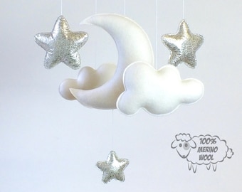 Baby Mobile, White Silver Baby Mobile, Baby Crib Mobile, Stars Baby Mobile,  Nursery Decor, Gift Packaging