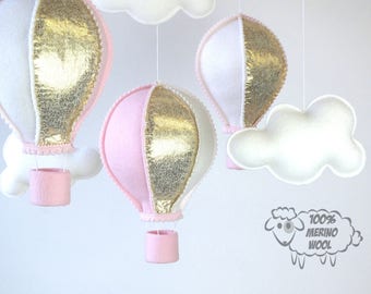 Baby Mobile, Hot Air Balloon Mobile, Baby Girl Mobile, Gold and Pink Mobile,  Nursery Decor