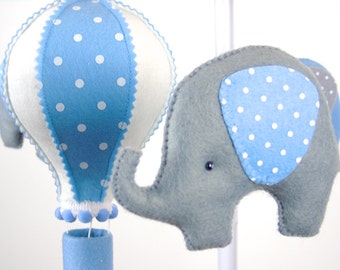 Baby Mobile, Hot Air Balloon Mobile, Elephant Mobile, White Blue Grey Baby Mobile, Baby Crib Mobile, Gift Packaging