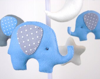 Baby Mobile, Elephant Mobile, White Blue Grey Baby Mobile, Baby Crib Mobile, Stars Baby Mobile, Nursery Decor,  Gift Packaging