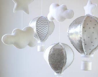 Baby Mobile, Hot Air Balloon Mobile, Baby Girl Mobile, White and Silver Mobile, Baby Mobile, Nursery Decor, Gift Packaging