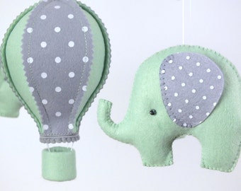 Baby Mobile, Hot Air Balloon Mobile, Elephant Mobile, White Mint Grey Baby Mobile, Baby Crib Mobile,  Gift Packaging