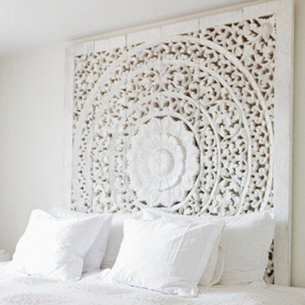 Carved Teak Wall Hanging Bed Headboard - unique white washed finish - 180 cm x 180 cm x 3cm (extra thick teak wood)