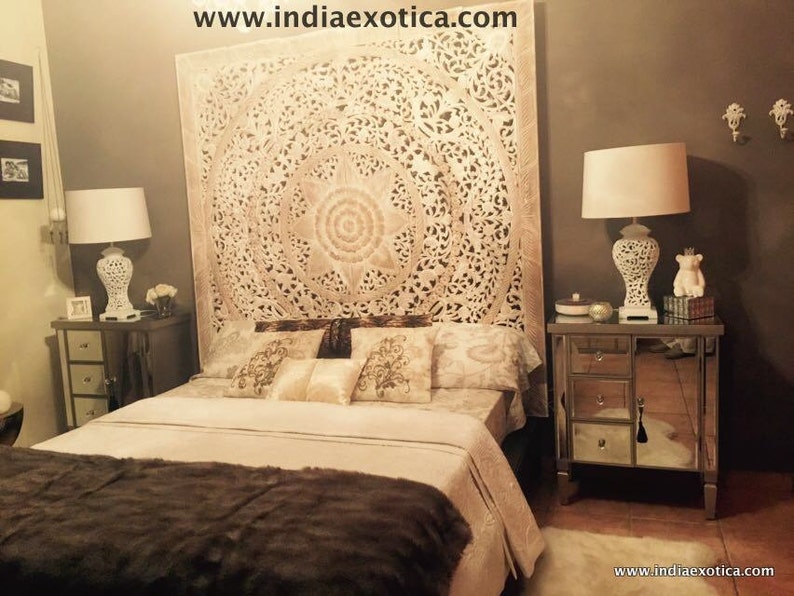 Carved Teak Wall Hanging Bed Headboard White Washed Finish Image 0