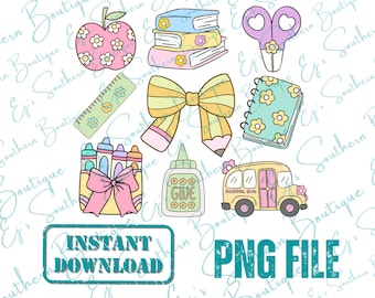 cute retro school png, retro flower school png, Back to School PNG, Cute PNG, Sublimation Bows PNG, Pencil png, School Bus png