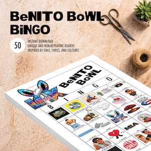 May include: A stack of "BENITO BOWL BINGO" game boards. The boards feature colorful illustrations and text, including the words "INSTANT DOWNLOAD" and "UNIQUE AND NON-REPEATING BOARDS INSPIRED BY ERAS, LYRICS, AND CULTURE!" The image also includes scissors and a small plant.