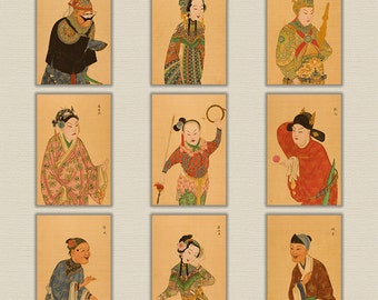 Set of 9 Chinoiserie-PRINTABLE Wall Art-4"x6"-Asian art-Vintage Illustration-Chinese art-Antique Prints-Digital Peking Opera Figures