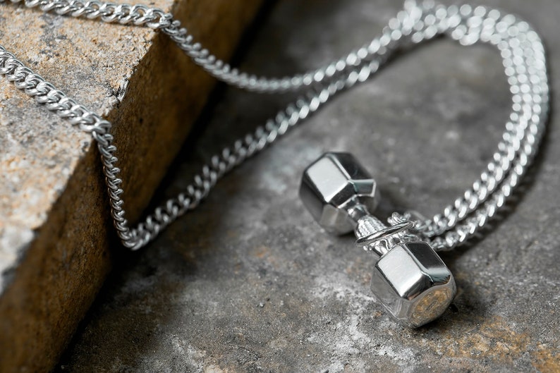 Sterling Silver DUMBBELL Necklace Fitness Jewelry Fitness Etsy